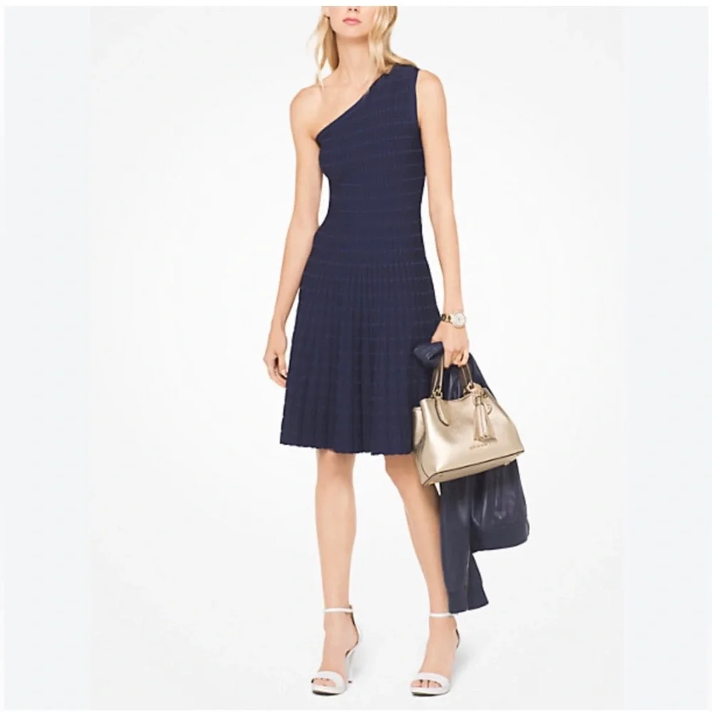 Michael Kors One-Shoulder‎ Knit fit and flare  Skater Dress, Navy Blue Size S